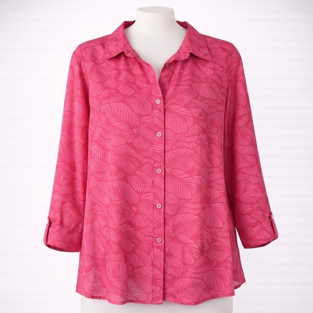 Boho Tropical Leaf Button Roll Tab Sleeve Tunic Pink Size XL Beach‎ Indie Resort
